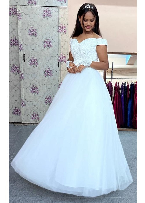 W146, White Luxury Semi Off Shoulder Ball Gown, Size (XS-30 to XXL-44)