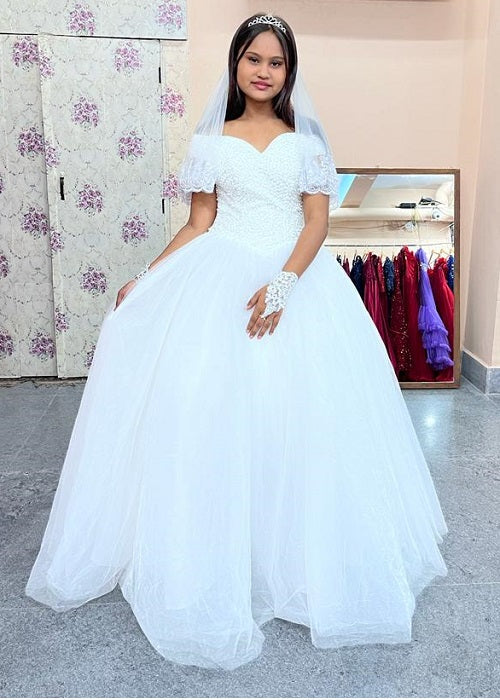 W146, White Luxury Semi Off Shoulder Ball Gown, Size (XS-30 to XXL-44)