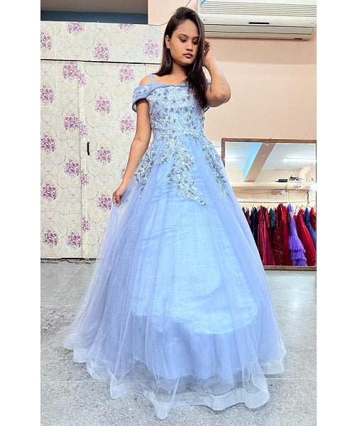 G635, Grey Ball Semi off Shoulder Gown, Size (XS-30 to L-38)