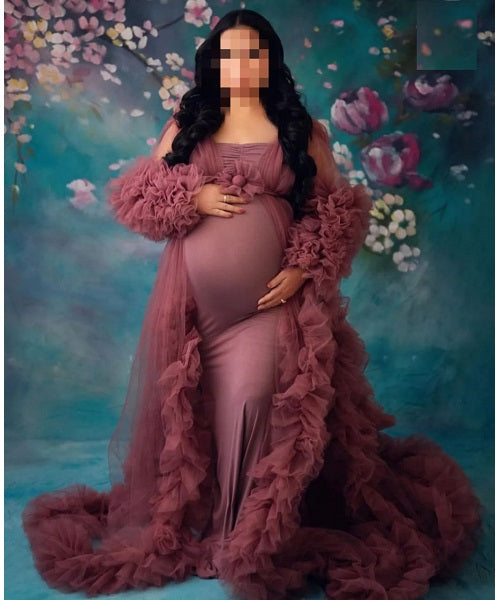 G748, Dusty Peach Ruffled Maternity Shoot Gown, Size: All, Color: All