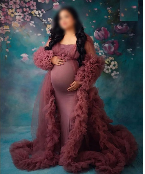 G748, Dusty Peach Ruffled Maternity Shoot Gown, Size: All, Color: All
