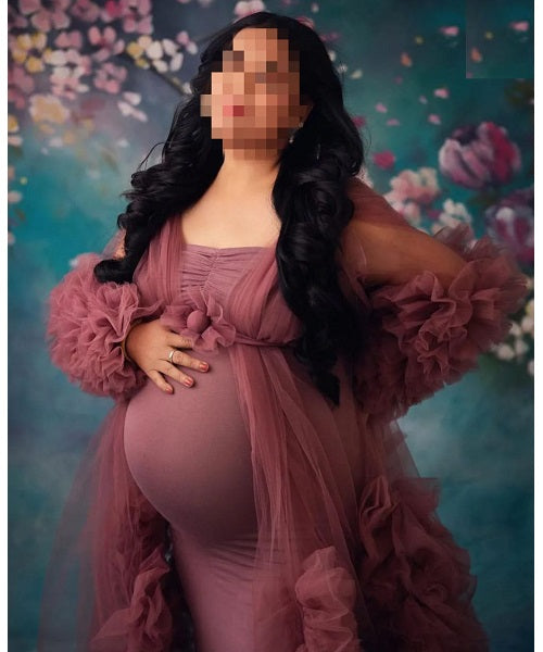 G748, Dusty Peach Ruffled Maternity Shoot Gown, Size: All, Color: All