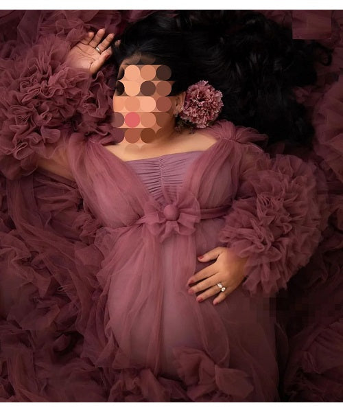 G748, Dusty Peach Ruffled Maternity Shoot Gown, Size: All, Color: All