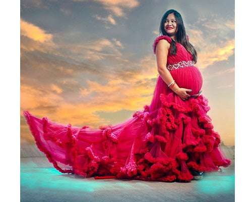 G148, Wine Puffy Maternity Shoot Baby Shower Trail Gown Size: All, Color: All