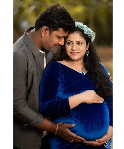 G14, Navy Blue Velvet Maternity Shoot Baby Shower Trail Lycra Body Fit Gown, Size: All, Color: All