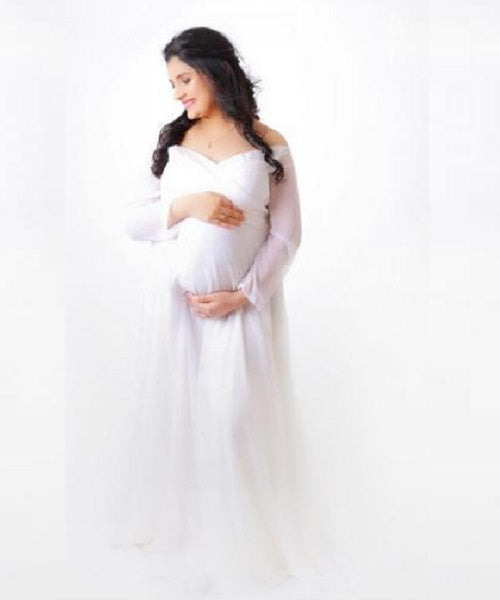 G444, White Trail Lycra Body Fit Maternity Gown, Size: All, Color: All