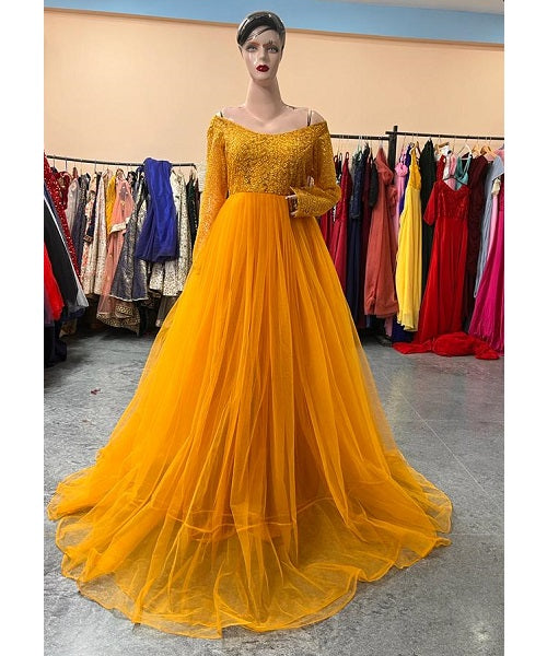 G745, Mustard Maternity Shoot Baby Shower Trail Lycra Fit Gown, Size: All, Color: All