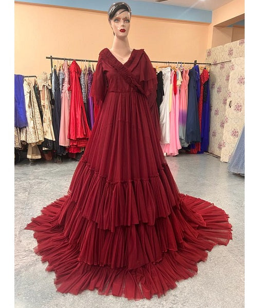 G455, Dark Wine Ruffled Maternity Shoot Gown, Size: All, Color: All