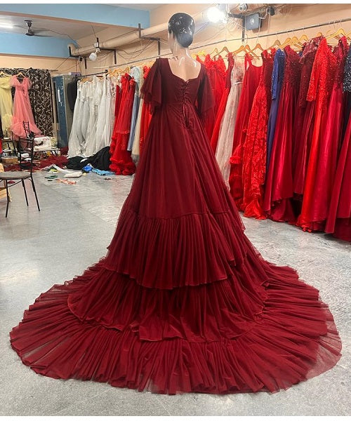 G455, Dark Wine Ruffled Maternity Shoot Gown, Size: All, Color: All