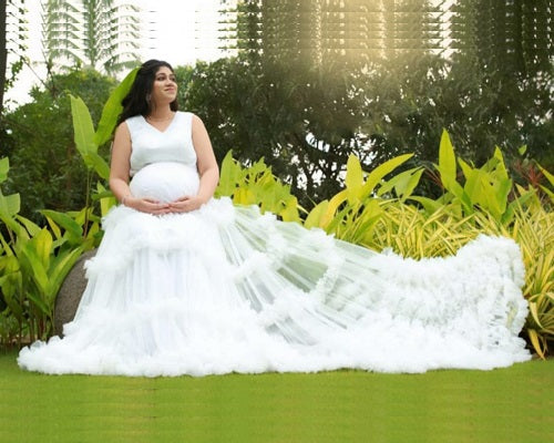 W548, White Puffy Maternity Shoot Baby Shower Trail Gown Size: All, Color: All
