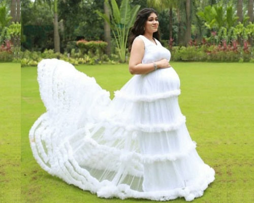 W548, White Puffy Maternity Shoot Baby Shower Trail Gown Size: All, Color: All