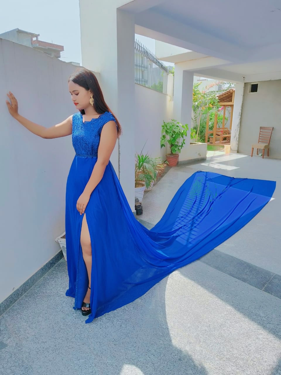 G302, Royal Blue Slit Cut Long Trail Prewedding Shoot Gown Size: All, Color: All