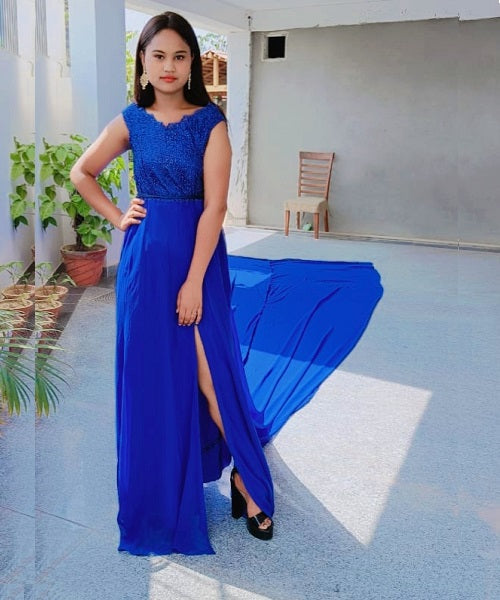 G302, Royal Blue Slit Cut Long Trail Prewedding Shoot Gown Size: All, Color: All