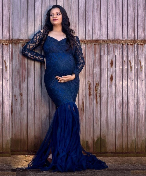 G221, Navy Blue Fish Cut Maternity Shoot Baby Shower Gown, Size: All, Color: All