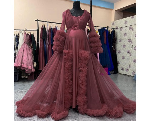 G748, Dusty Peach Ruffled Maternity Shoot Gown, Size: All, Color: All