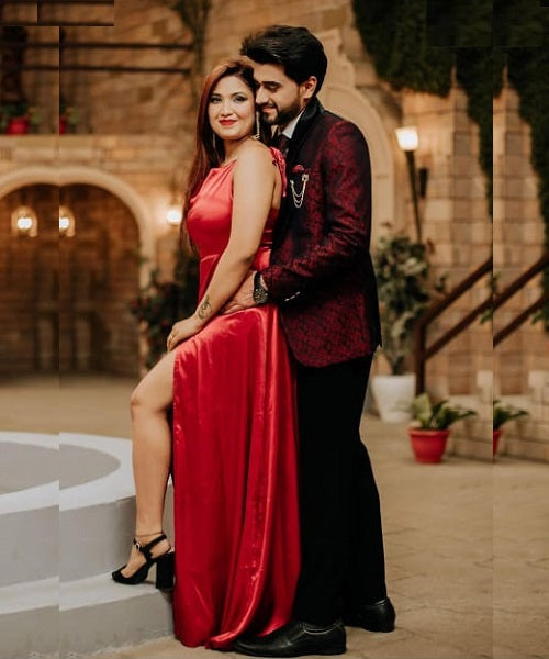 G576, Wine Satin Prewedding Slit Cut Gown, Size: All, Color: All