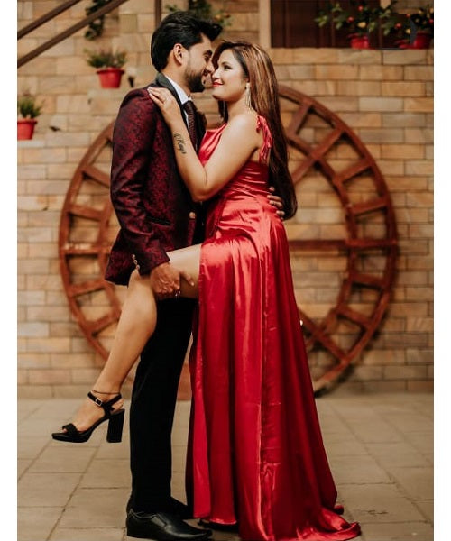 G576, Wine Satin Prewedding Slit Cut Gown, Size: All, Color: All
