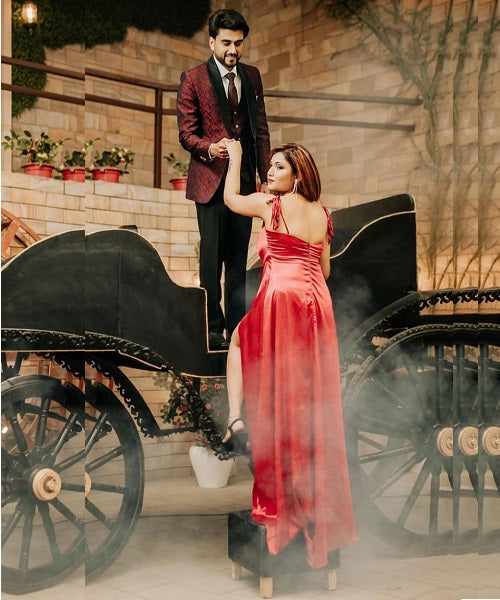 G576, Wine Satin Prewedding Slit Cut Gown, Size: All, Color: All