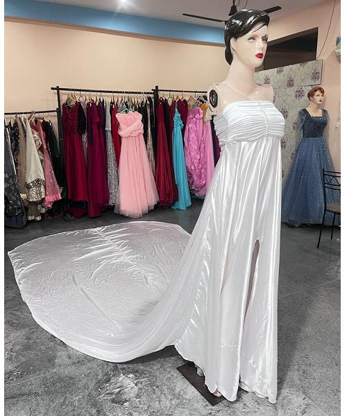 W124, White Satin Long Trail Shoot Gown, Size: All, Color: All