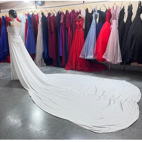 W124, White Satin Long Trail Shoot Gown, Size: All, Color: All
