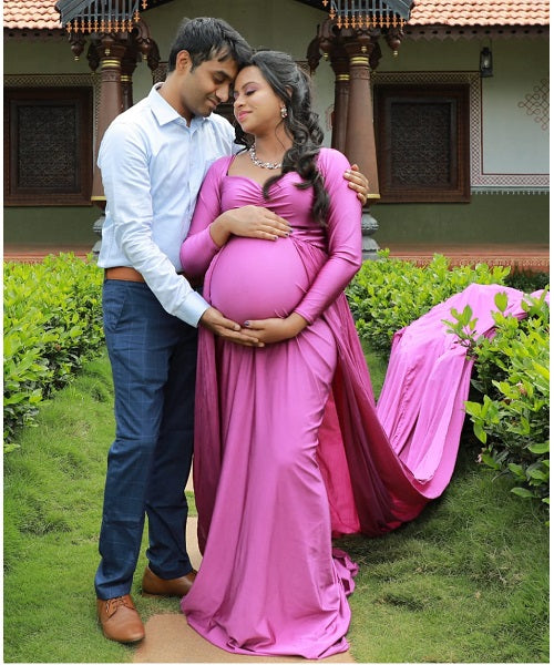 G41,Purple Maternity shoot Baby Shower Lycra Body Fit Gown, Size: All, Color: All