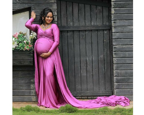G41,Purple Maternity shoot Baby Shower Lycra Body Fit Gown, Size: All, Color: All