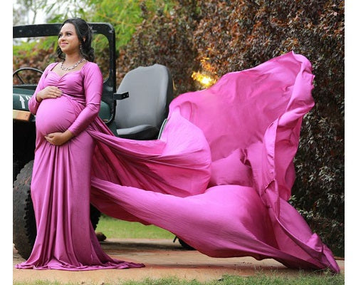 G41,Purple Maternity shoot Baby Shower Lycra Body Fit Gown, Size: All, Color: All