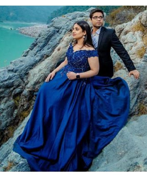 G132, Navy Blue Satin Off Shoulder Trail Ball gown, Size: All, Color: All