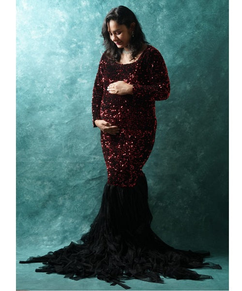 G421, Black & Wine Top Sequence with Bottom Lace Cutout Maternity Trail Lycra Body Fit Gown, Size: All, Color: All