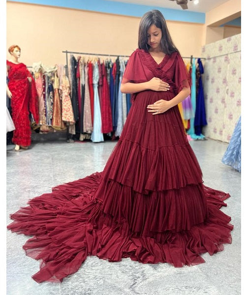 G455, Dark Wine Ruffled Maternity Shoot Gown, Size: All, Color: All