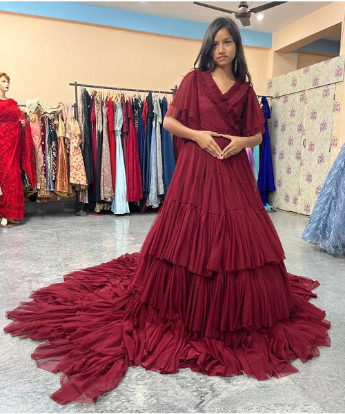 G455, Dark Wine Ruffled Maternity Shoot Gown, Size: All, Color: All