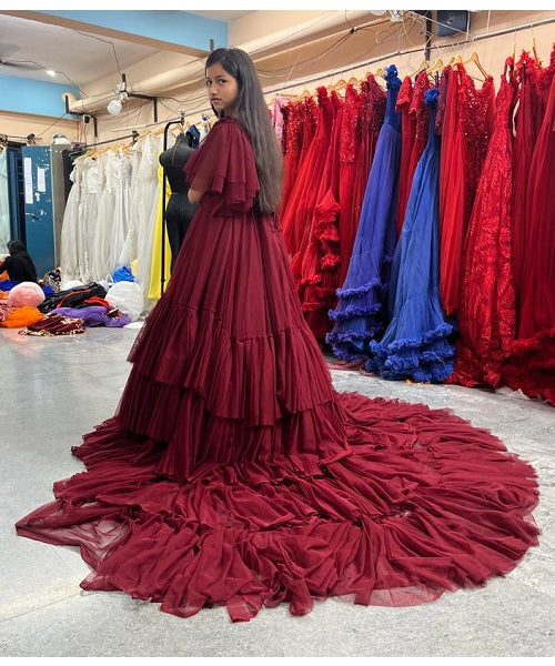 G455, Dark Wine Ruffled Maternity Shoot Gown, Size: All, Color: All