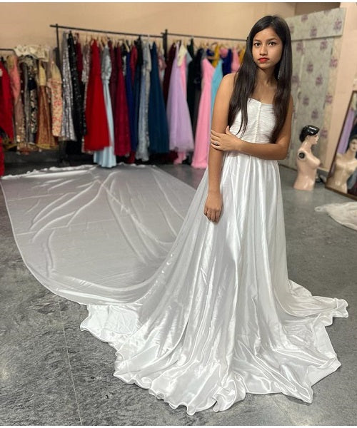 W124, White Satin Long Trail Shoot Gown, Size: All, Color: All
