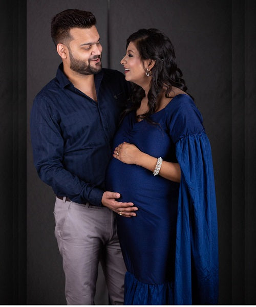 G207, Navy Blue Maternity Shoot Baby Shower Trail Lycra Body Fit Gown, Size: All, Color: All
