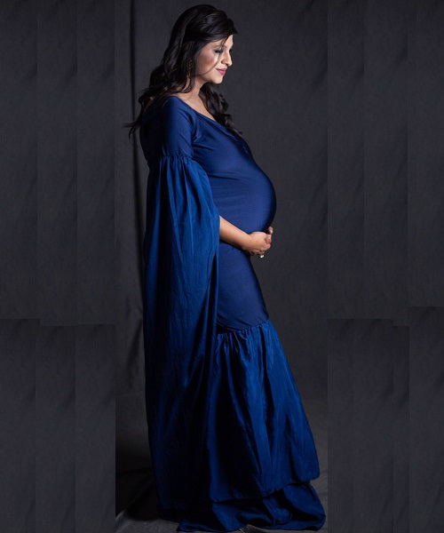 G207, Navy Blue Maternity Shoot Baby Shower Trail Lycra Body Fit Gown, Size: All, Color: All