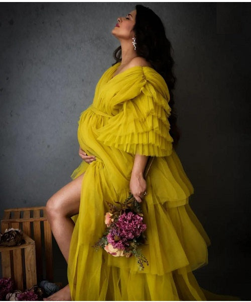 G552, Green Tea Ruffled Slit Cut Maternity Shoot Gown, Size: All, Color: All