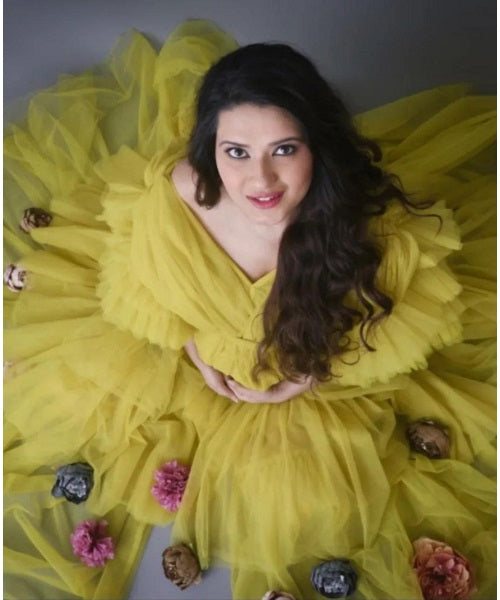 G552, Green Tea Ruffled Slit Cut Maternity Shoot Gown, Size: All, Color: All