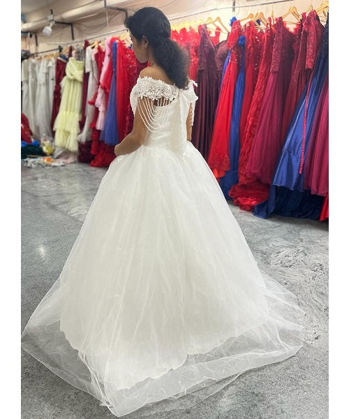 W134, White Cap Sleeves Trail Gown, Size (XS-30 to XL-36)