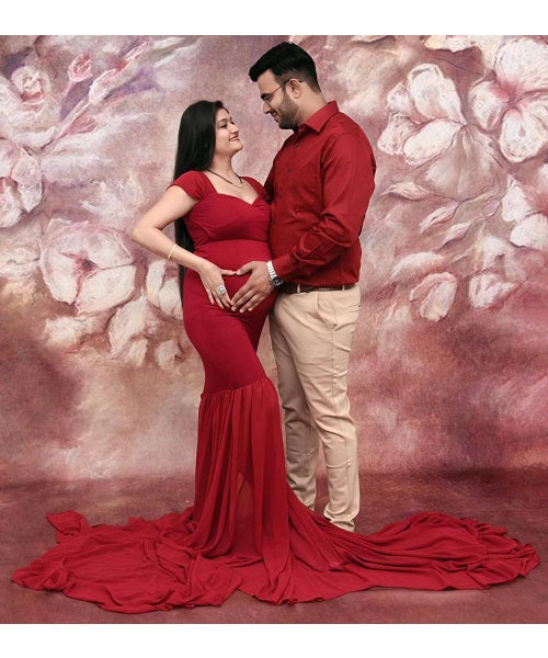 G231,Wine Red Maternity Shoot Baby Shower Trail Lycra Body Fit Gown, Size: All, Color: All