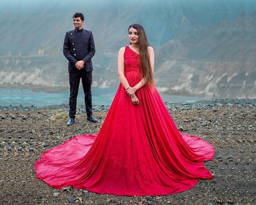 G425, Wine Red One Shoulder Prewedding Long Trail Gown, Size: All, Color: All
