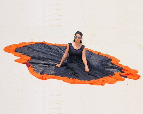 G501, Gerua Black Prewedding Shoot Infinity Long Trail Gown, Size: All, Color: All