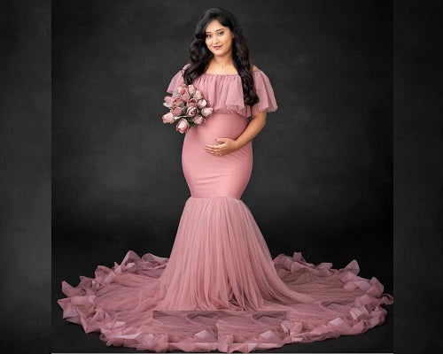 G508 , Peach Maternity Shoot Baby Shower Trail Gown, Size: All, Color: All