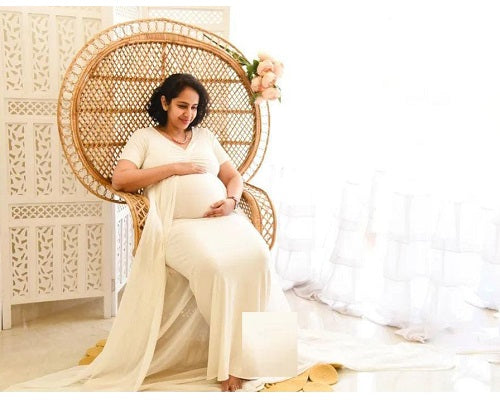 G152, White Maternity Shoot Trail Baby Shower Lycra Body Fit Gown, Size: All, Color: All