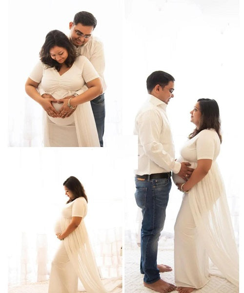 G152, White Maternity Shoot Trail Baby Shower Lycra Body Fit Gown, Size: All, Color: All