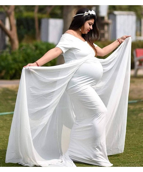 G152, White Maternity Shoot Trail Baby Shower Lycra Body Fit Gown, Size: All, Color: All