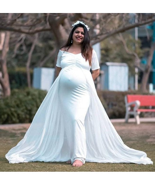 G152, White Maternity Shoot Trail Baby Shower Lycra Body Fit Gown, Size: All, Color: All