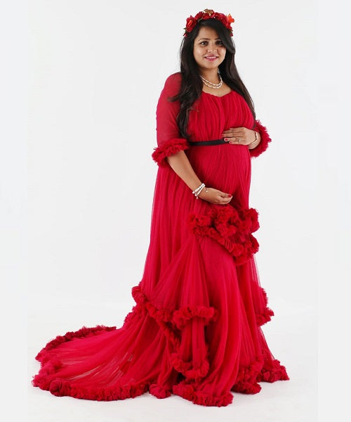 G668, Red Puffy Maternity Shoot Baby Shower Trail Gown Size: All, Color: All