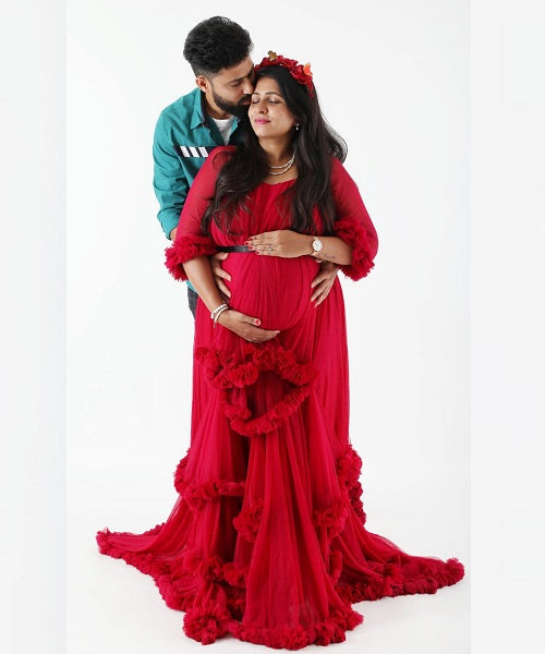 G668, Red Puffy Maternity Shoot Baby Shower Trail Gown Size: All, Color: All