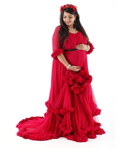 G668, Red Puffy Maternity Shoot Baby Shower Trail Gown Size: All, Color: All
