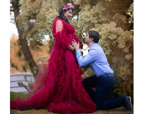G448, Wine Ruffled Maternity Shoot Gown, Size: All, Color: All